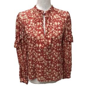 Intermix Silk Blouse Top Womens Small Red Floral Earty Boho Peasant Prairie